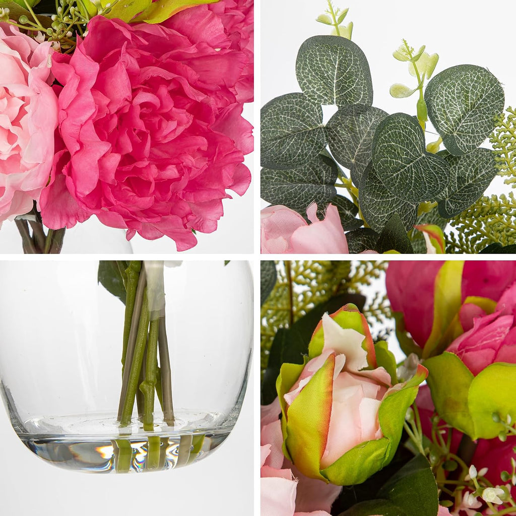 Fake Flower Arrangements in Vase Pink Peonies Artificial Flowers Peony Bouquet Silk Floral Flower with Glass Vase - Set of 4