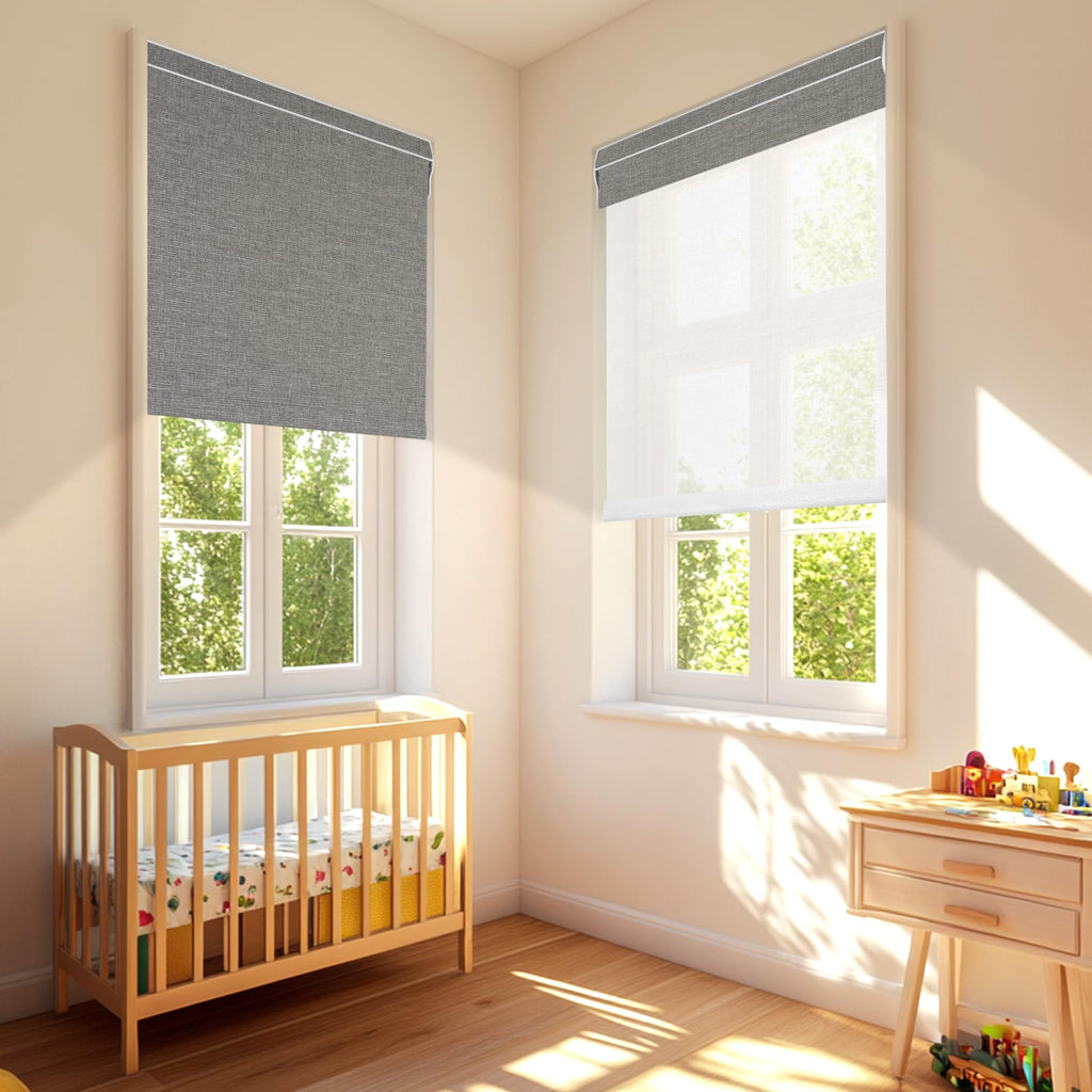 Cordless Dual Roller Shades, Linen Grey & White, Custom Size