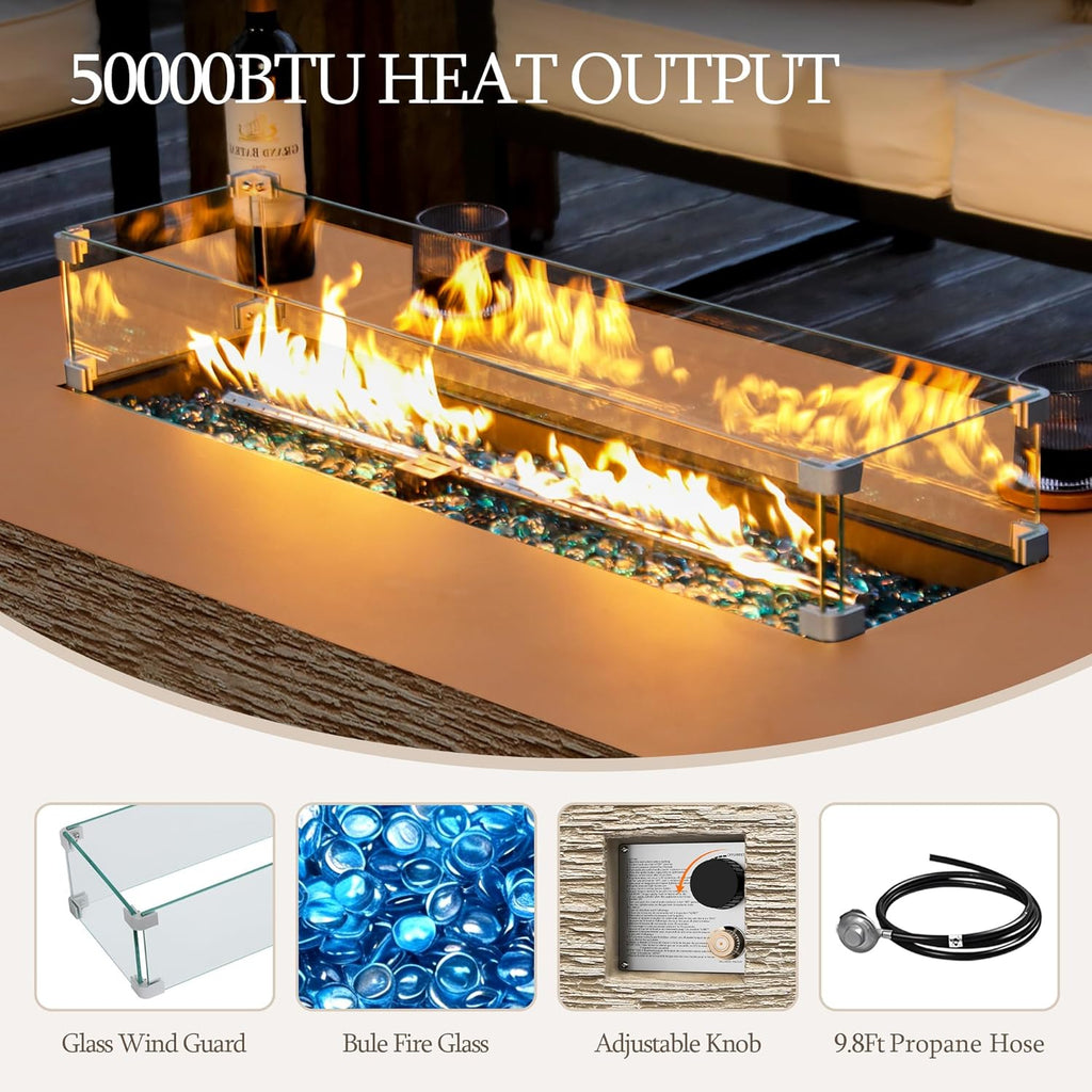 56-inch Outdoor Propane Gas Fire Pit Table 50000 BTU Concrete Rectangle FirePit for Outside Patio with Propane Tank