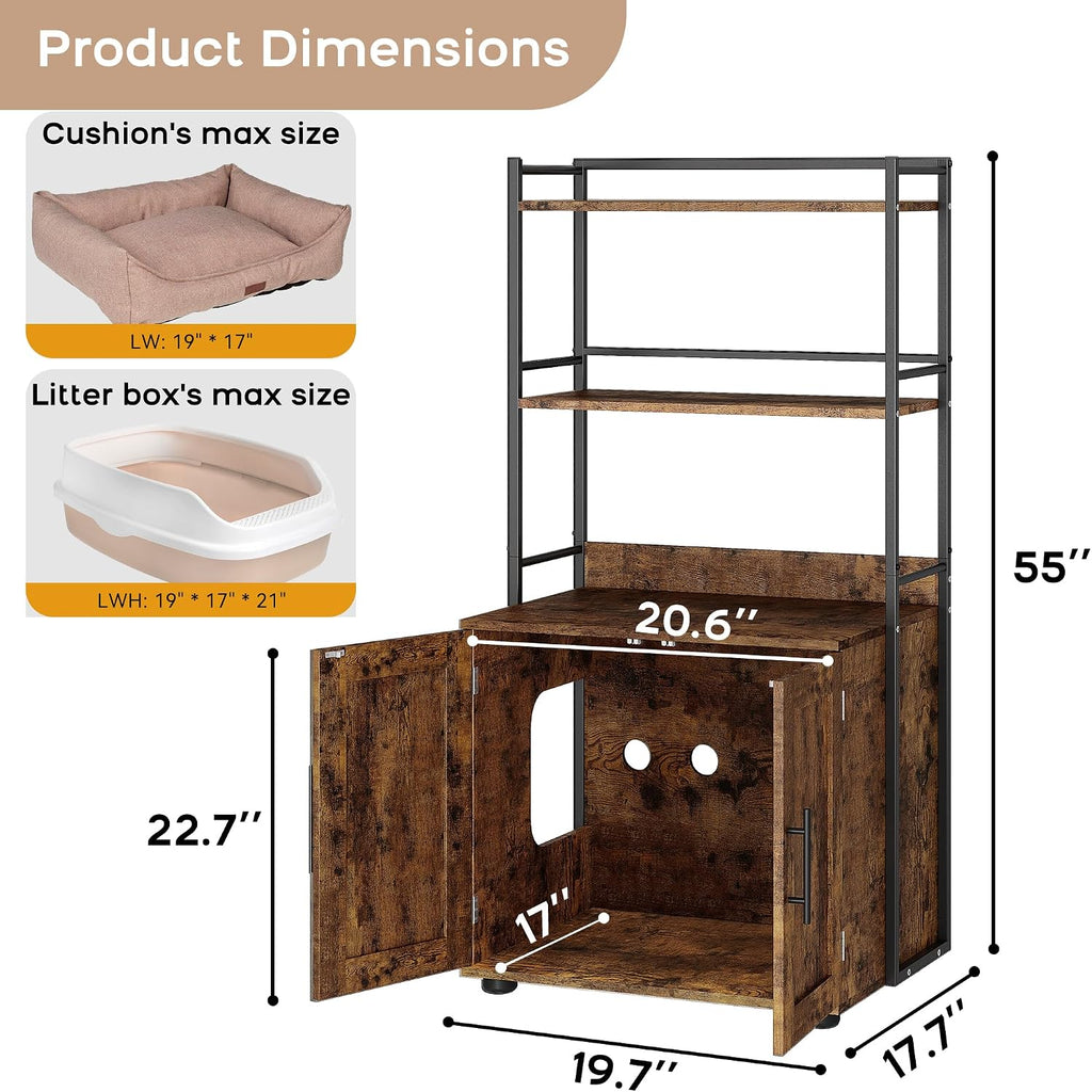 Cat Litter Box Enclosure with 2-Tier Storage Shelves and Doors - Hidden Cat Washroom Cabinet - Odor Control, Enhanced