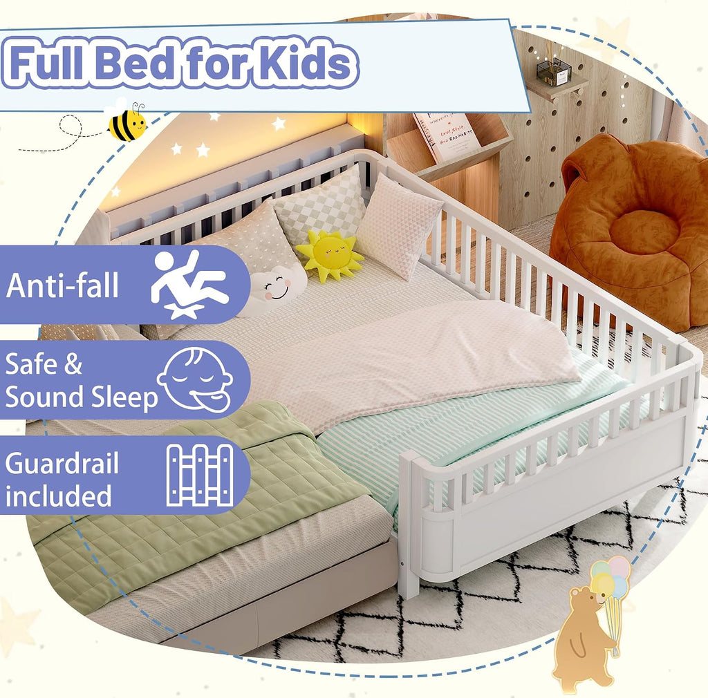 Bed Frame for Kids with Rails, Low Profile Montessori Bed with Detachable Side Rail, Solid Pine Wood Kids