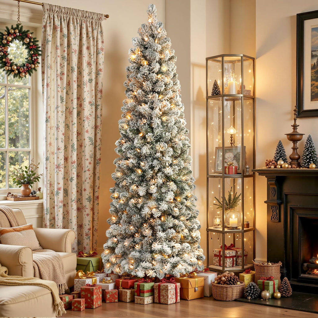 7ft Prelit Snow Flocked Artificial Slim Pencil Christmas Tree