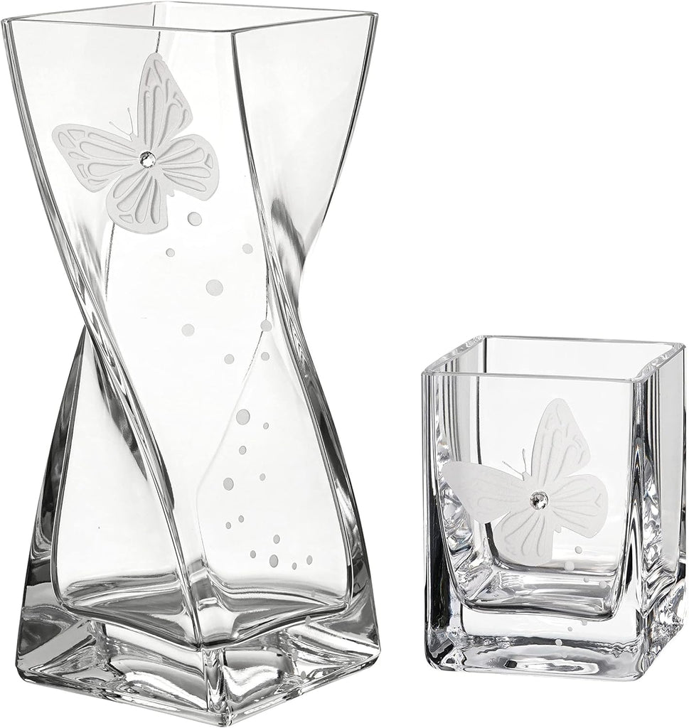 Butterfly Vase - Handmade Glass Vase Decorated with Premium Austrian Crystal and Etched Butterfly - Gift Boxed