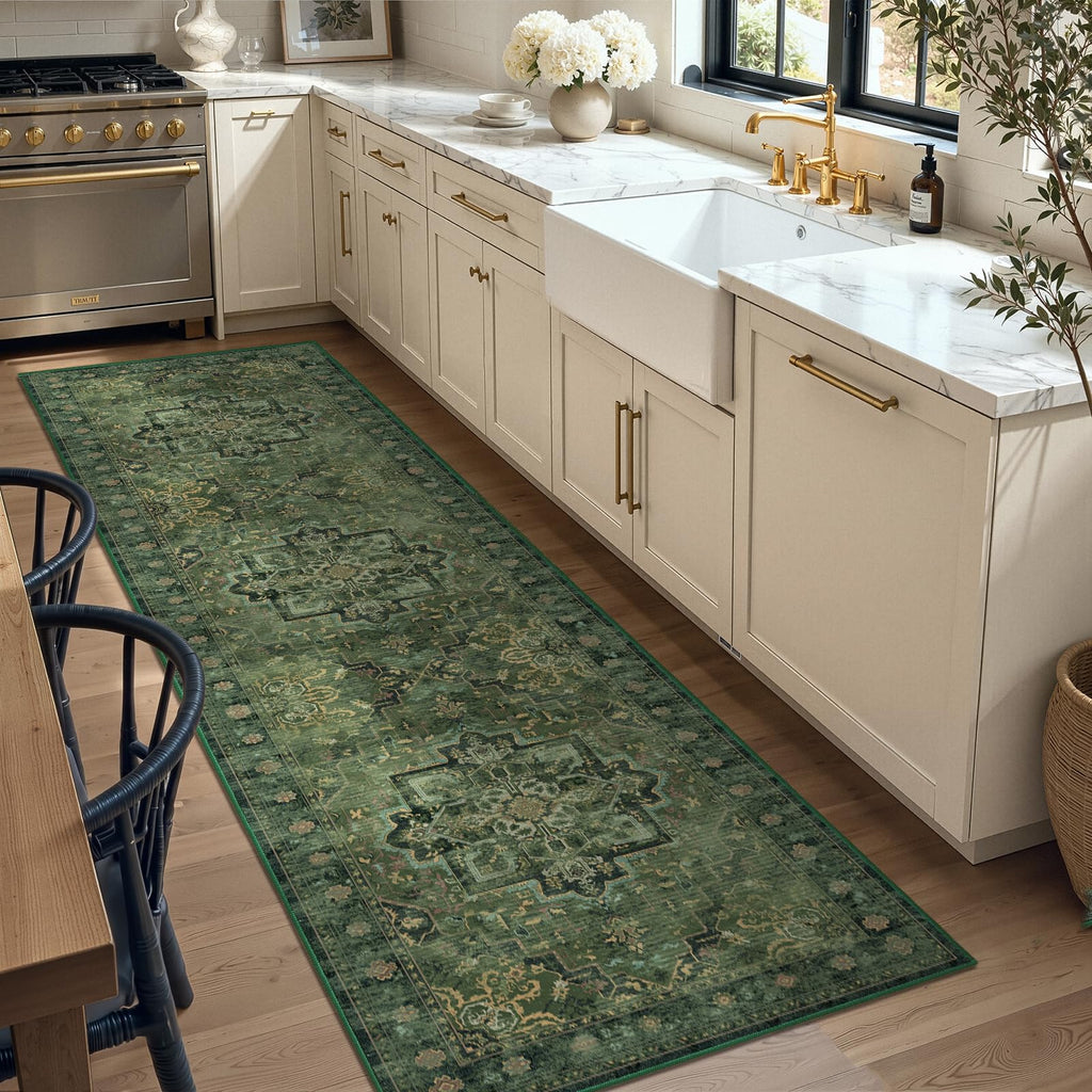 Tranditional Medallion Dark Green Runners s Entryway, Low Pile Washable Non Slip Distressed Printed Carpet Runner