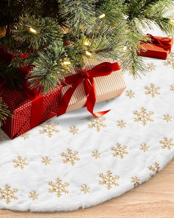 72 Inches Faux Fur Christmas Tree Skirt, Gold Sequin Snowflake