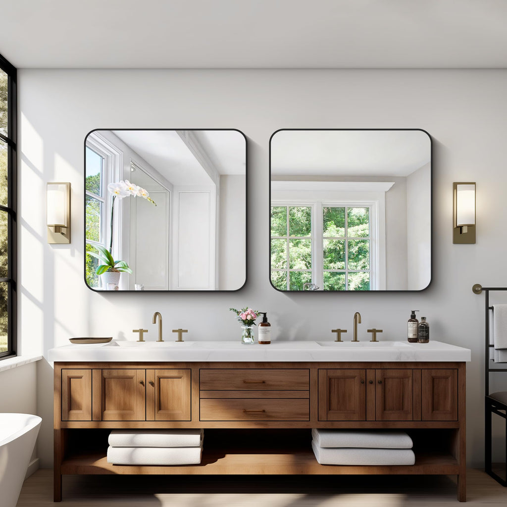Black Bathroom Mirrors for Wall, 30"x30" Square Mirror, Rounded Corner Metal Frame Wall Mirror, Bathroom Vanity