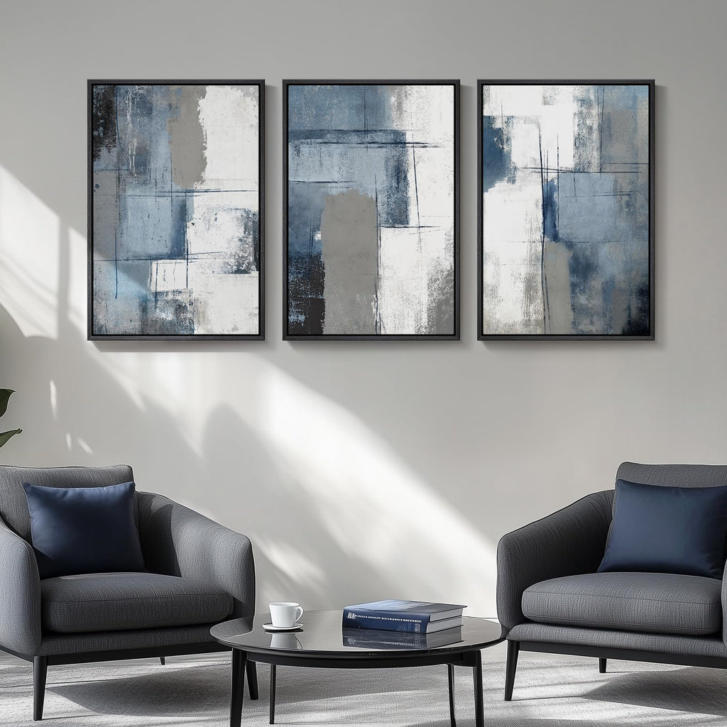Large Framed Blue and Gray Modern Abstract Wall Art, 3 Piece Set, 20x30 In