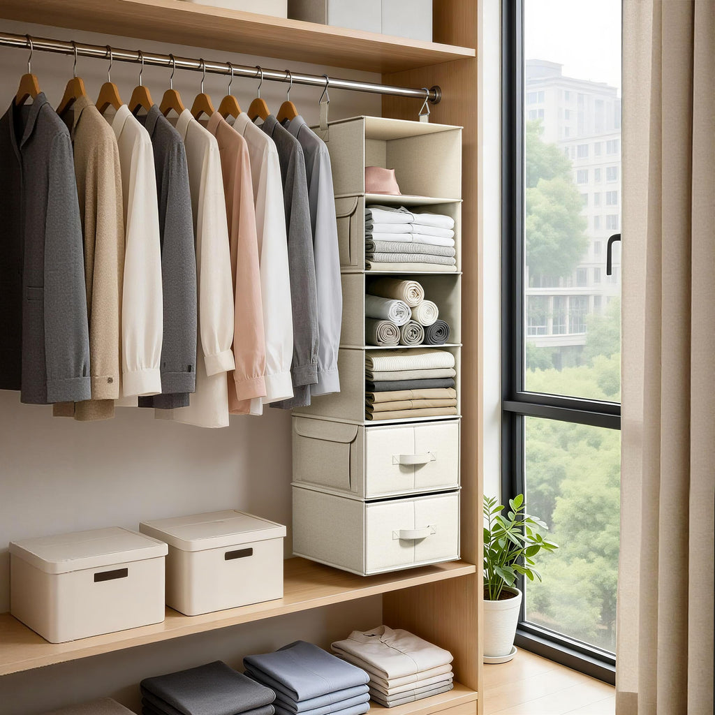6-Shelf Hanging Closet Organizer with 3 Fabric Drawers, Beige