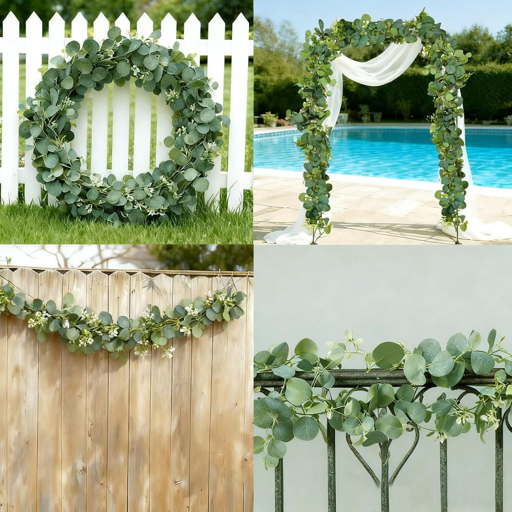4 Packs 5.74 Ft Artificial Eucalyptus Garland Leaves with Flowers Artificial Fake Greenery Hanging Vines for Wedding