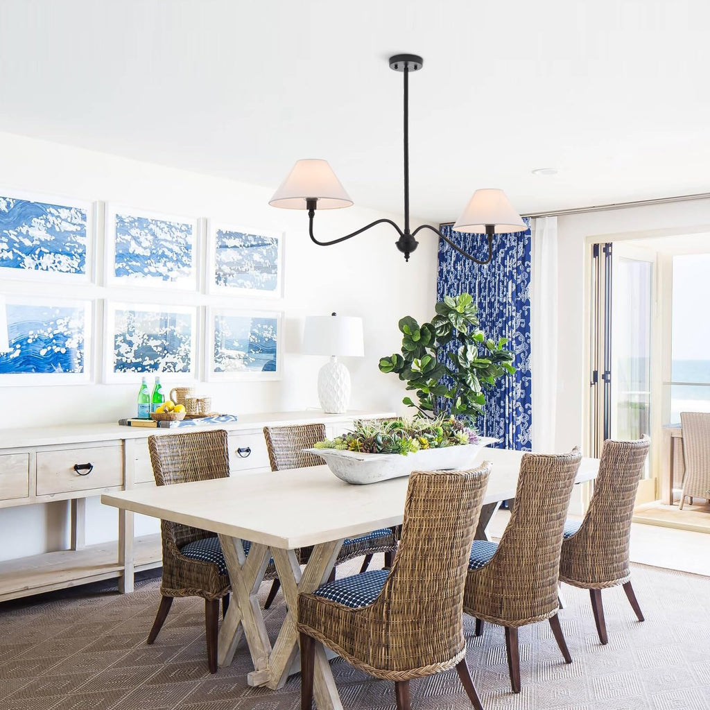 Modern Linear Chandelier Island, 2-Light Linear Light Fixture with Off-White Fabric Shade, Rustic Pendant Light