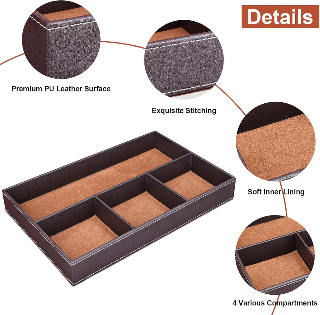 Faux Leather Valet Tray for Men, Stackable Jewelry Organizer for Drawers Inserts, Nightstand Caddy Tray for Key