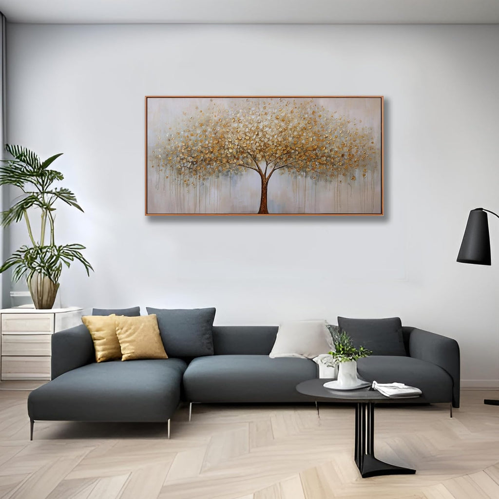Wall Art Abstract Gold Tree of Life Framed Modern Artwork Canvas Painting Textured Tree Pictures Wall Decor Bedroom