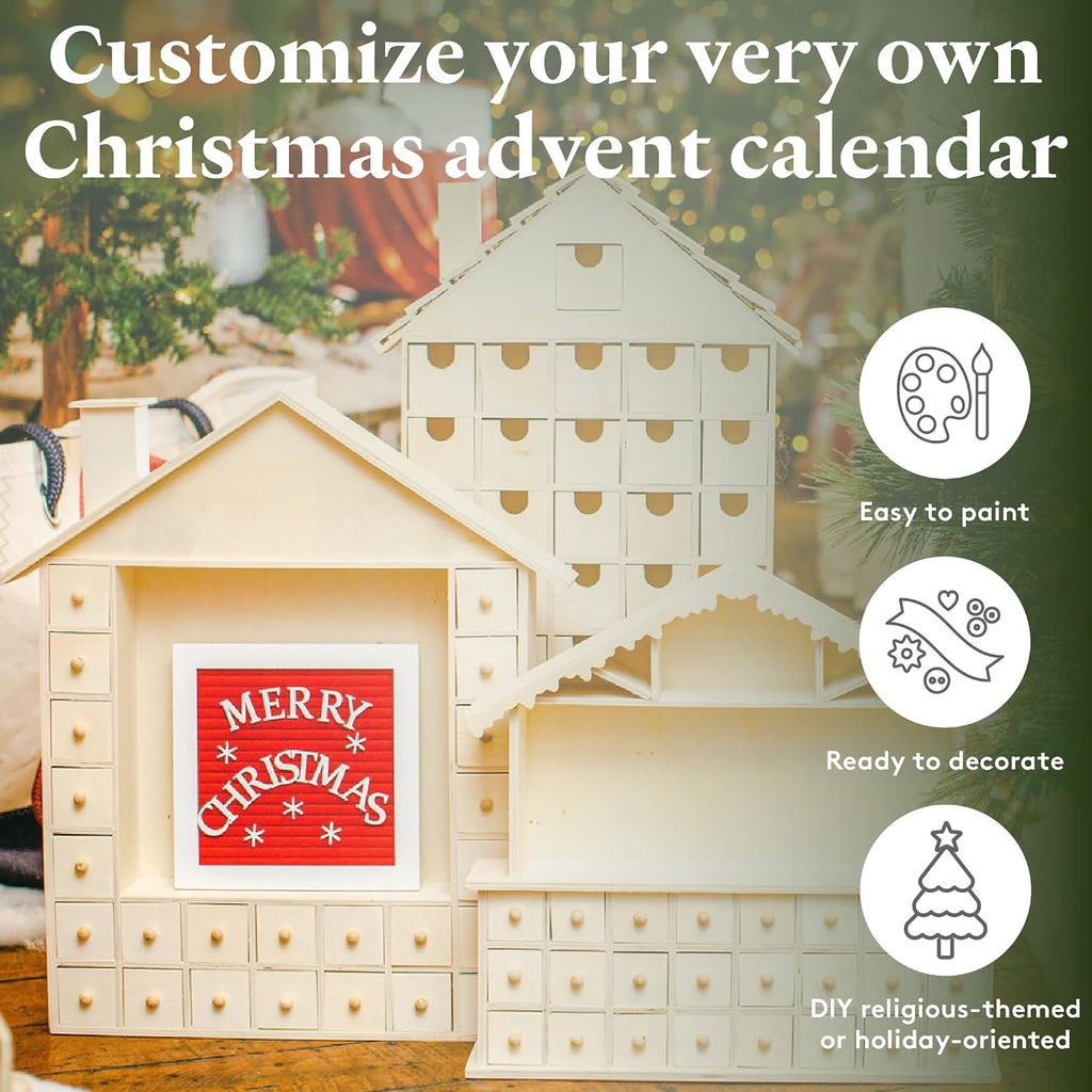 DIY Wooden Advent Calendar House 14 x 12 Inch, Pack of 1 Christmas Advent Calendar With 24 Empty Drawers for Crafts