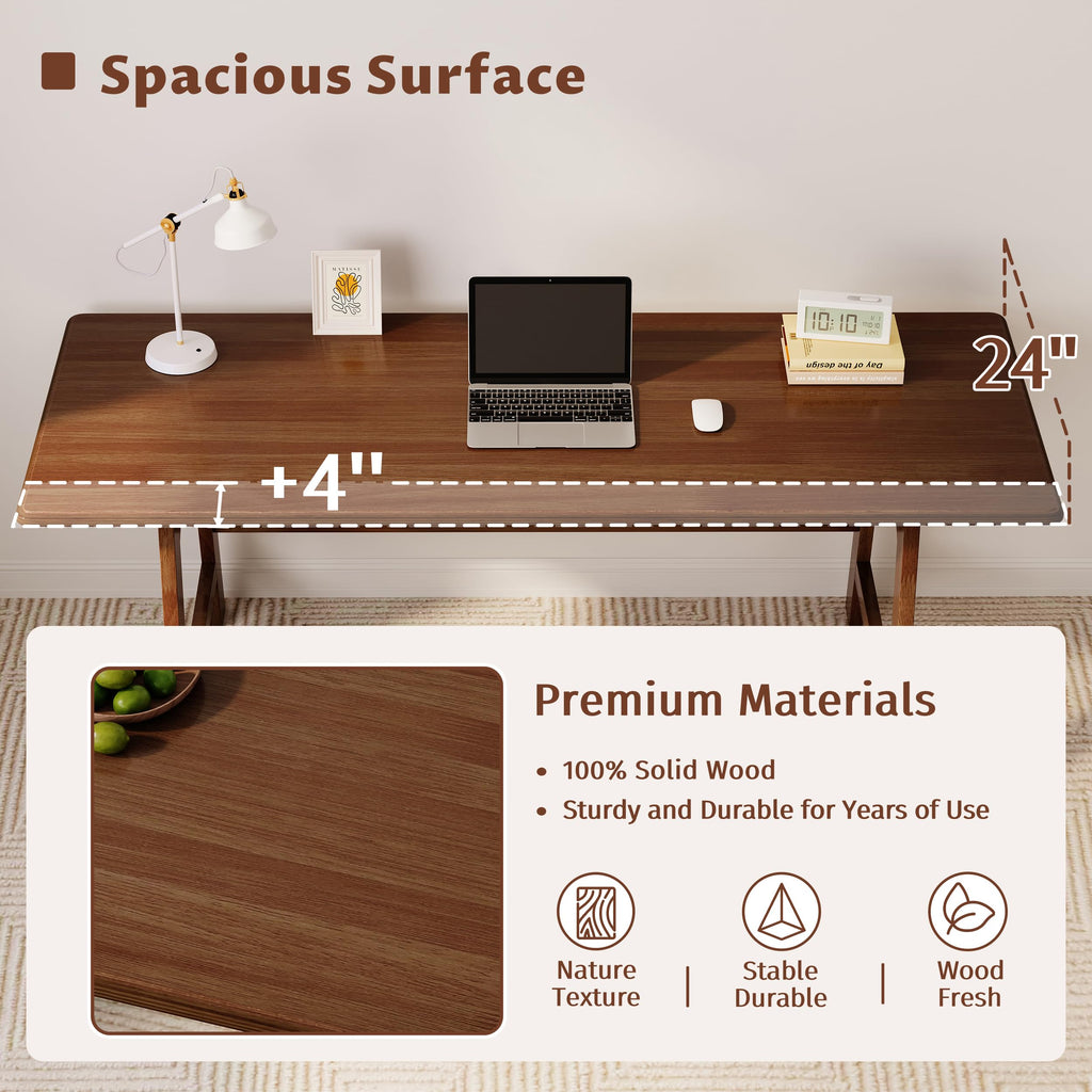 Solid Wood Writing Table - 72"W Minimalist Long Computer Desk, Walnut