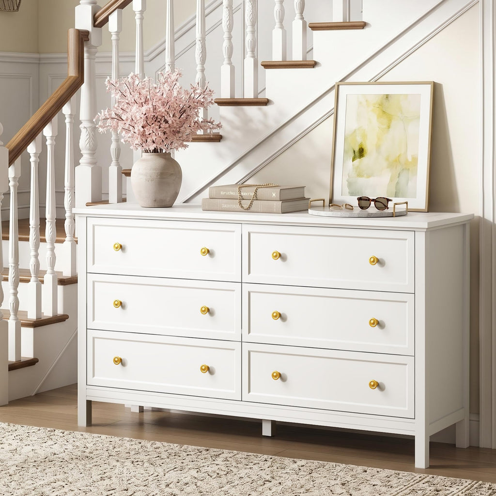White Dresser, 55" Modern Dresser with 6 Drawers Gold Handles