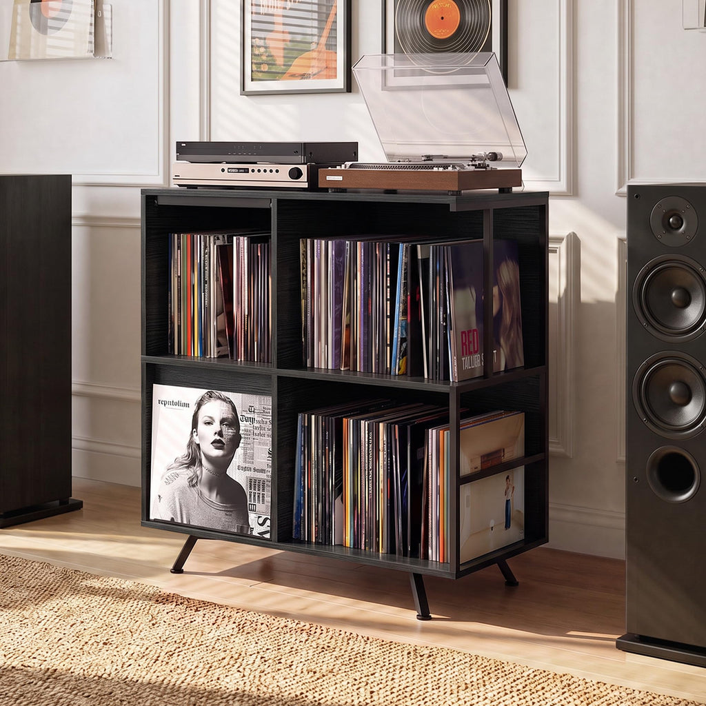 Flip Top Record Player Stand with Vinyl Storage Up to 300 Albums