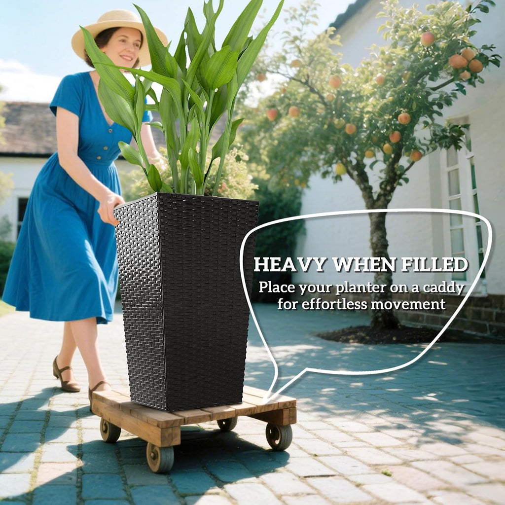 24 in Taper Tall Planters for Outdoor Plants Set of 3, Black | with Drainage Holes, Rattan Decor Plant Pots, Indoor
