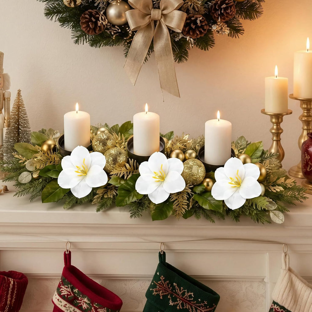 28 Inch Christmas Magnolia Centerpiece with 3 Candle Holders