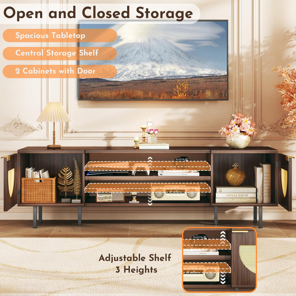 TV Stand for 55/60/65 inch TV, Modern Entertainment Center with Storage, Rattan TV Stands with 2 Cabinets &