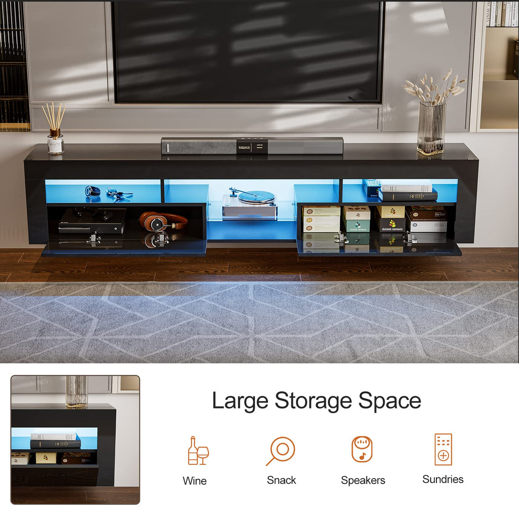 High Gloss LED Floating with 2 Cabinets, Glass Shelf, Black