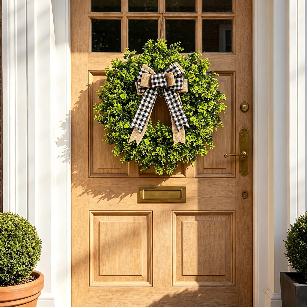 28" Large Boxwood Wreath, All Season Wreaths for Front Door Greenery Wreath with Fabric Plaid Bow for Wall Window