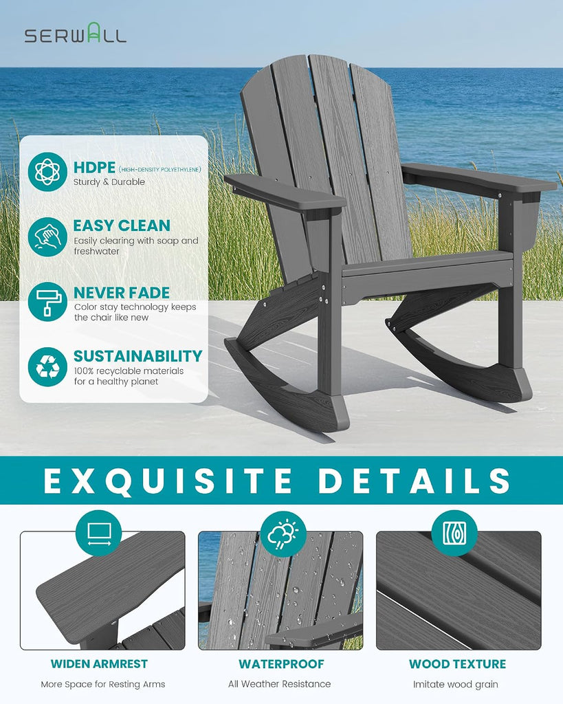Outdoor HDPE Adirondack Rocking Chairs Set of 2, All-Weather, Grey | The rocking chair features safe rocking design