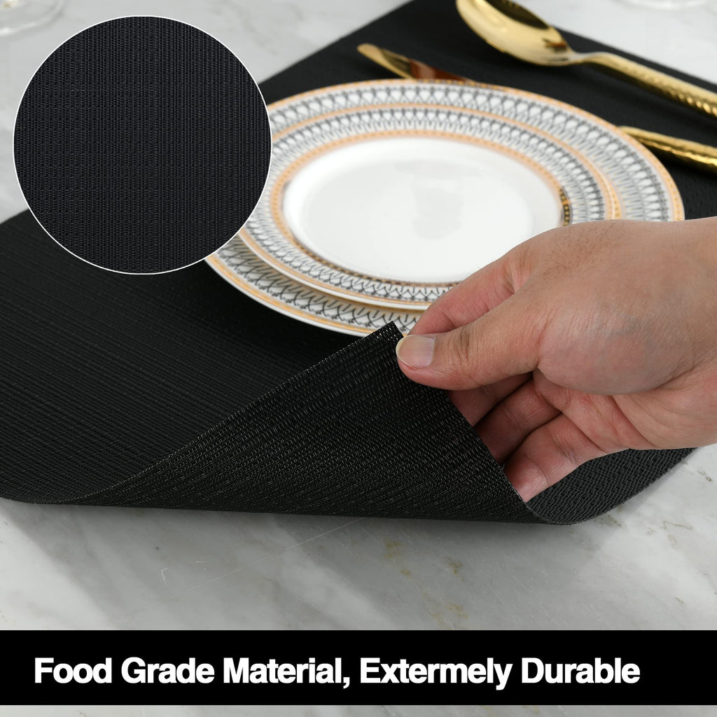 Black Placemats Set of 8 - Easy Clean Washable Vinyl Placemats - Heat Resistant Placemats Table - PVC Table Mats for