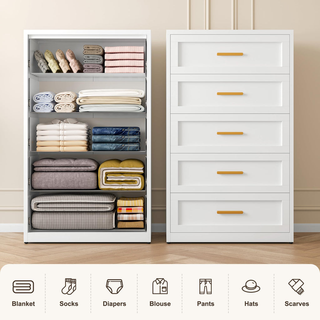 White Metal Dresser with 5 Spacious Drawers, Modern Chest of Drawers with Gold Handles, Metal Chest of Drawers