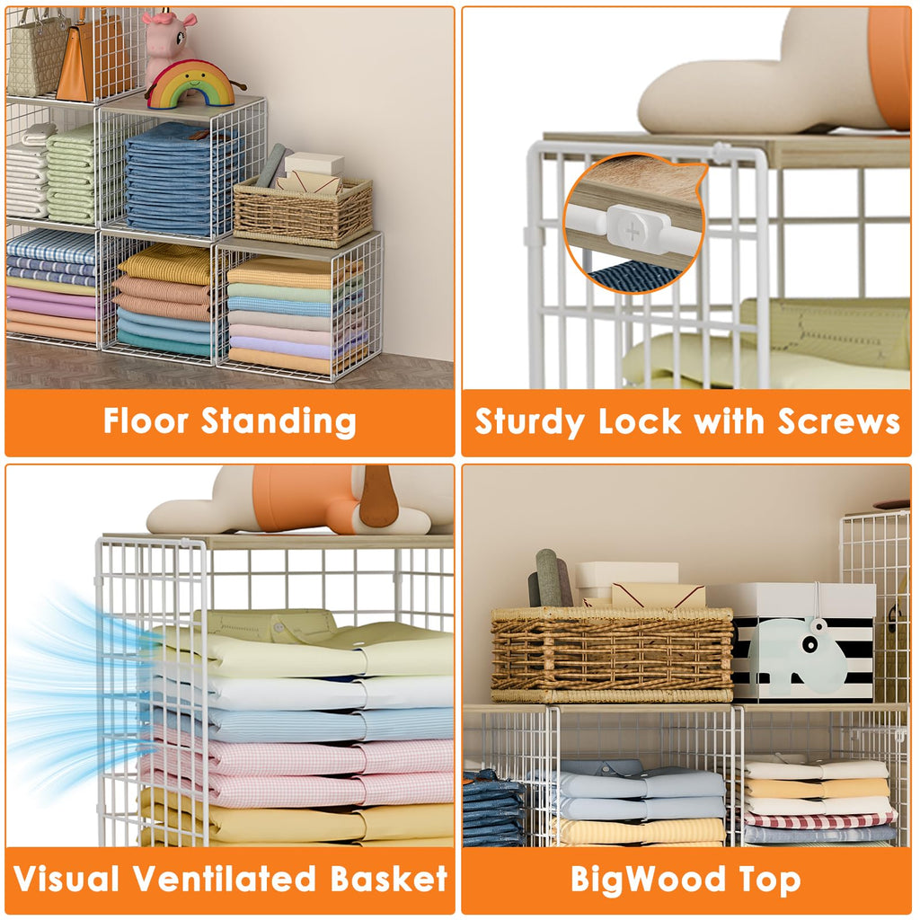 6 Pack Stackable Closet Organizer, Closet Organizers and Storage Shelves with Wood Tops, Metal Storage Bins for