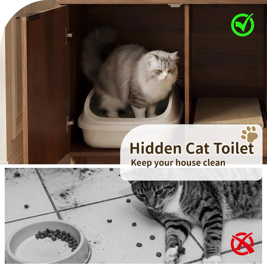 Double Cat Litter Box Enclosure for 2 Cats, Fluted Hidden Litter Box Furniture with Litter Collector & Scratch Pad, 47"