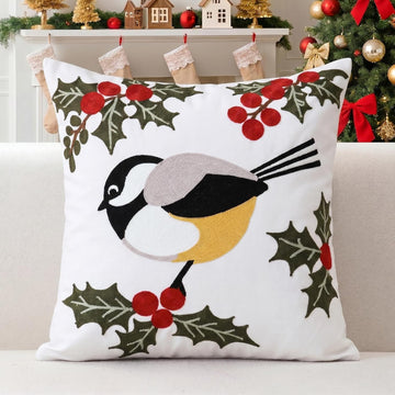 Christmas Pillow Covers 18x18 Inch, Cute Bird Decorative Throw Pillow Cover, Embroidered Square Pillowcases Winter