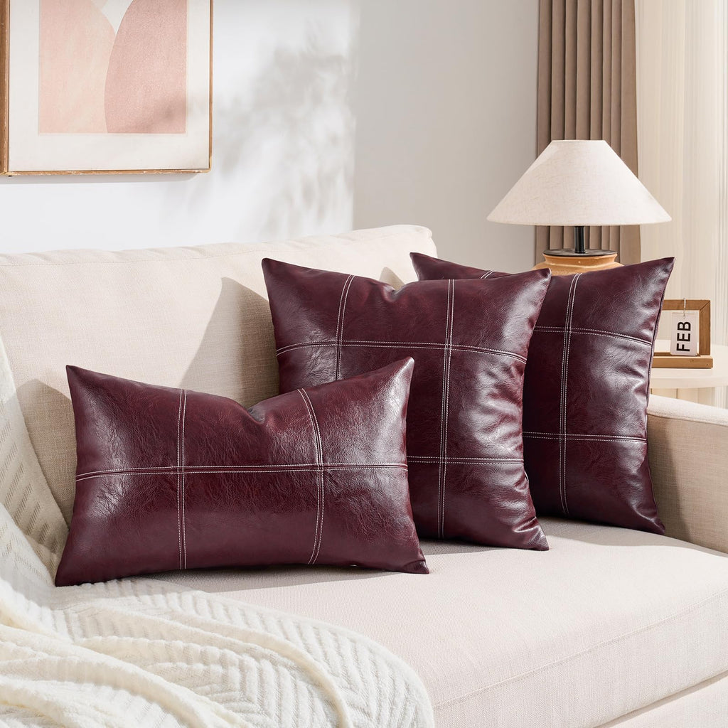 2 Packs Burgundy Waterproof Faux Leather Decorative Throw Pillow Covers 18x18 Inch for Outdoor Couch Bed Sofa, Hand