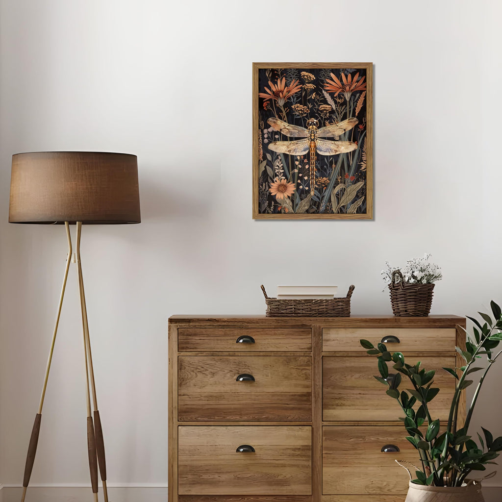Vintage Framed Dragonfly Wall Art, Dark Academia Insect Art Print, Modern Farmhouse Wall Decor, Botanical Floral