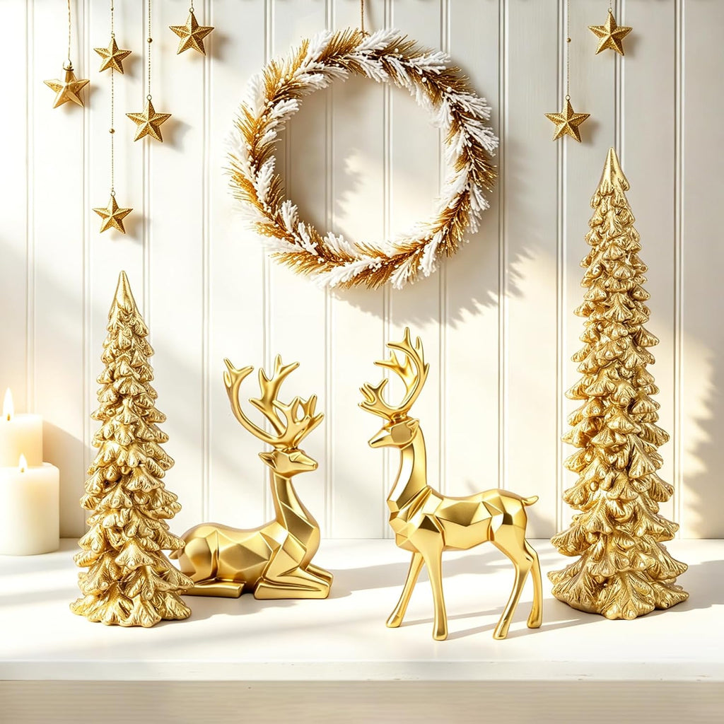 Gold Christmas Table Decoration Set of 4, 2 Xmas Tree & 2 Reindeer