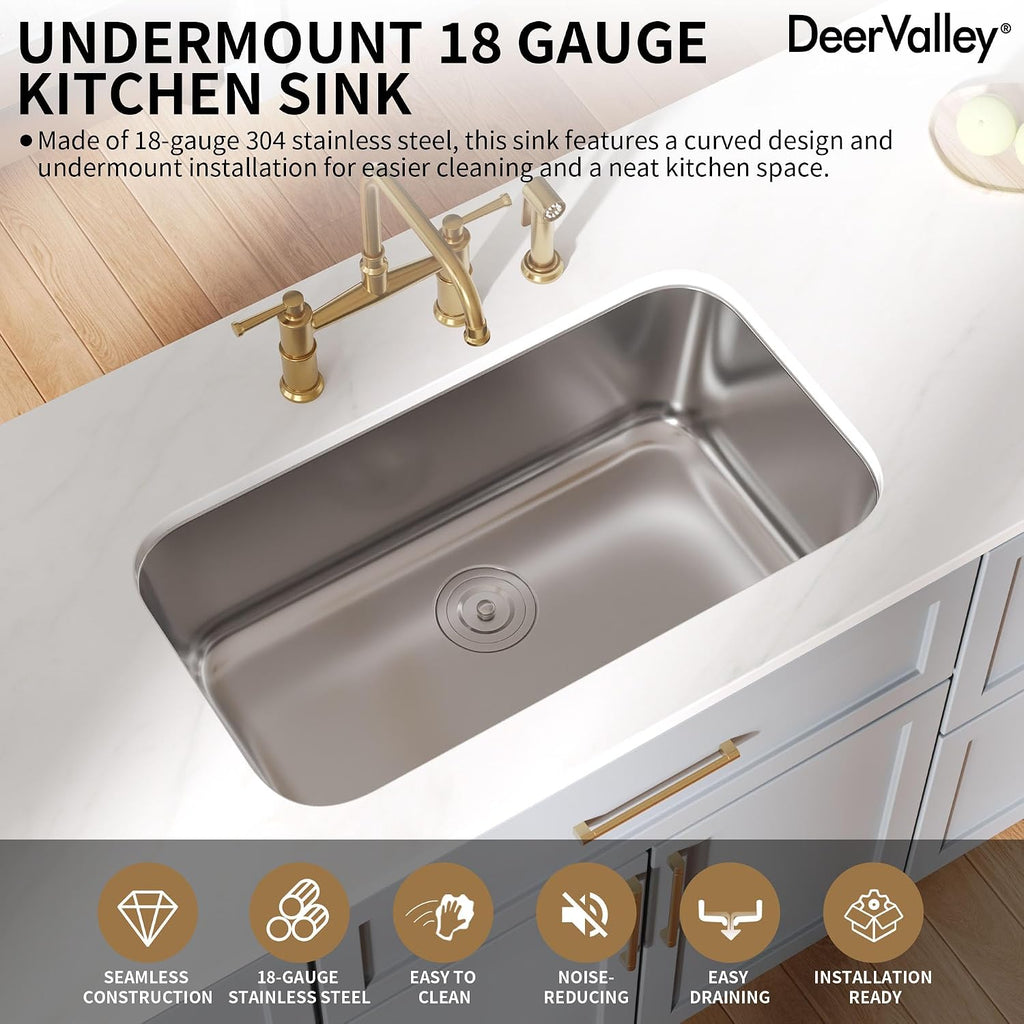 32 Inch Undermount Kitchen Sink 18 Gauge Stainless Steel Kitchen Sink Spacious Single Bowl Sinks with Basket Strainer