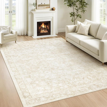 5x7 Area Rugs: Washable Vintage Floral Rug Low Pile Non-Slip Boho Carpet Nursery Dining Room (Beige, 5'x7')