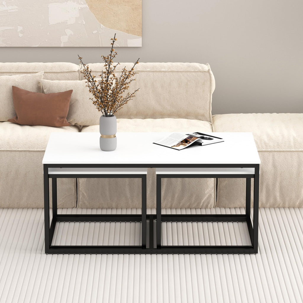 Nesting Coffee Tables, 3 Piece Living Room Coffee, Industrial Rectangular Coffee Set, End Side Tables Bedroom(White)