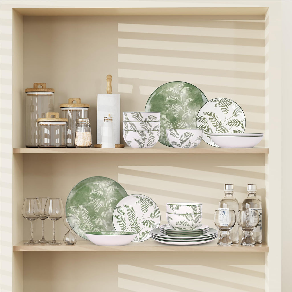 16 Pcs Porcelain Green Dishes dinnerware set for 4 With Pasta bowl