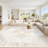 Area Rug 9x12 Washable Rug, Vintage Boho Medallion Rugs Non-Slip Soft Low Pile Large Distressed Rug 