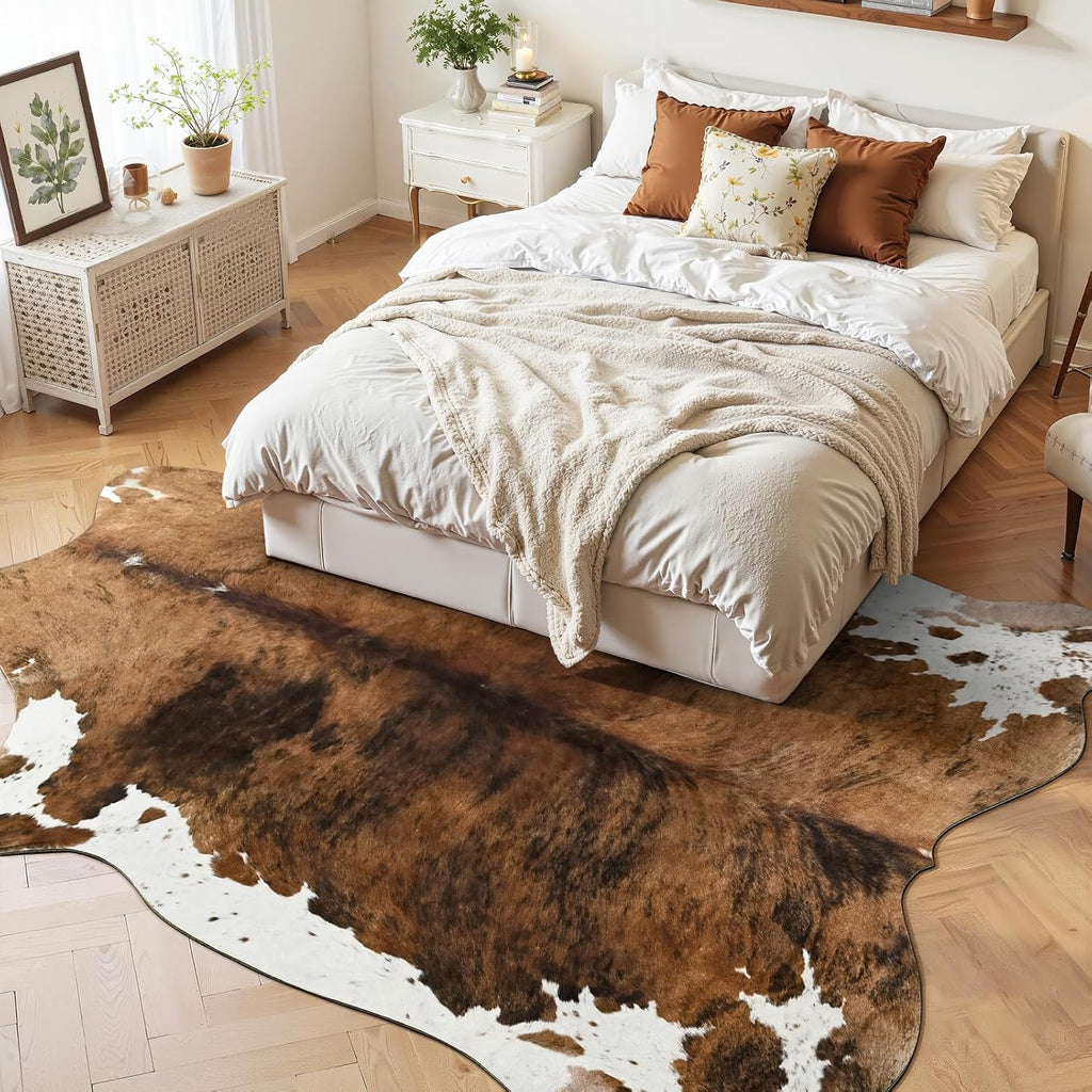 Faux Cowhide Print Rug, Brown Western Animal Cow Hide Rugs, Non Slip Cool Cow Skin Carpet Dining Room