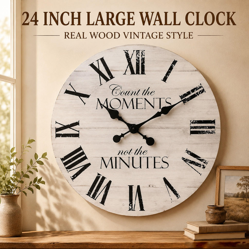24 Inch Inspirational Farmhouse Wall Clock, Silent Non-Ticking, White Distressed Shiplap Wood, Battery Operated