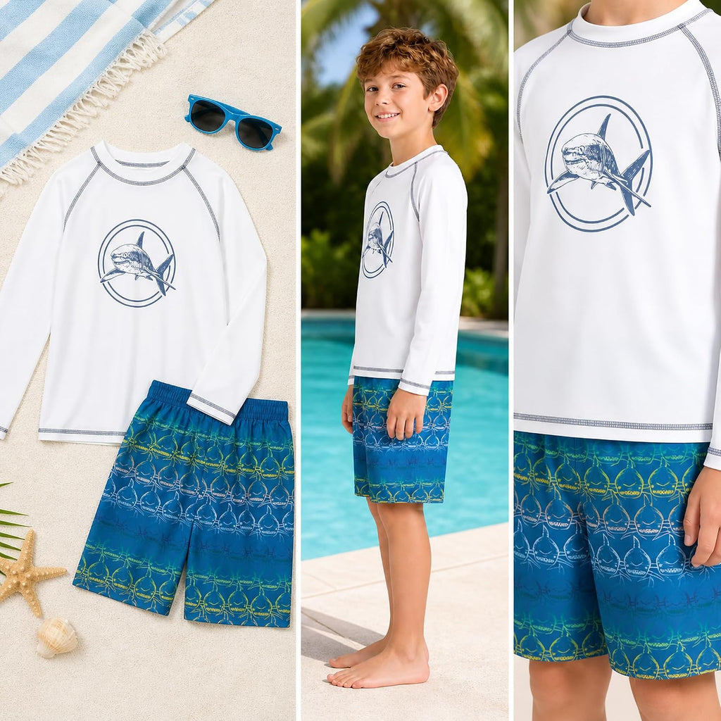 Boys Piece UPF 50+ Long Sleeve Rash Guard & Swim Trunks