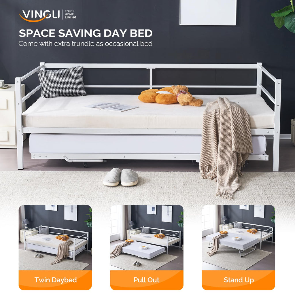 Daybed with Pop Up Trundle, Heavy Duty Metal Twin Bed with Trundle, No Box Spring Needed, White