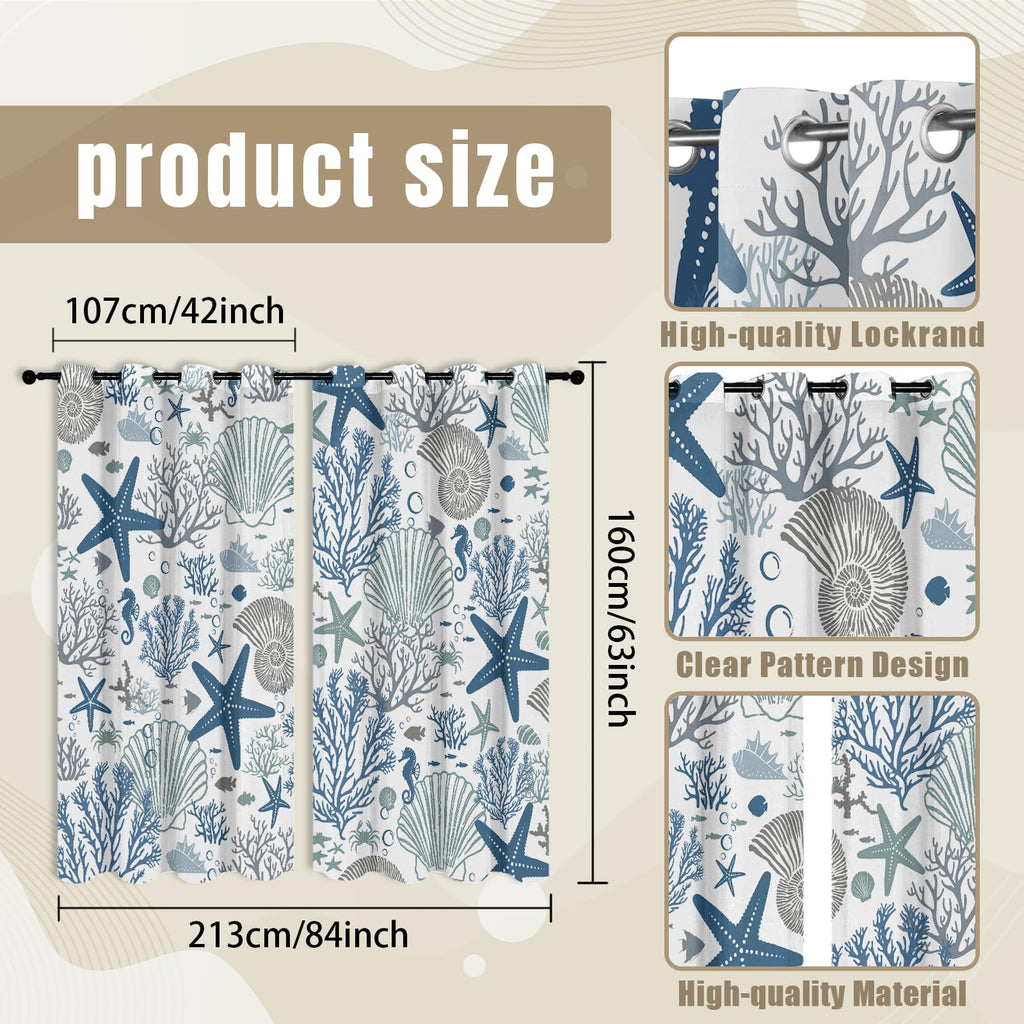 Coastal Curtains, Summer Beach Curtains for Windows, Blue Starfish Window Curtain Ocean Shell Nautical Curtain 42 x