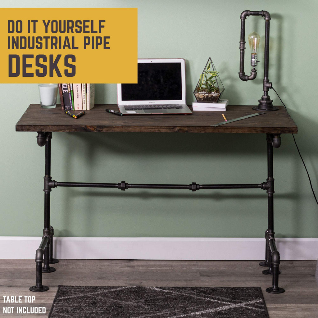 Industrial Pipe Desk Leg Set, Modern Home Office Writing or Computer Base Kit, Dark Grey Unfinished Steel Metal Pipe