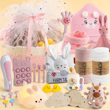 Baby Shower Gifts for Girls, 26 Piece Deluxe Baby Gift Basket - Baby Girl Gift Basket with Bunny Night Light