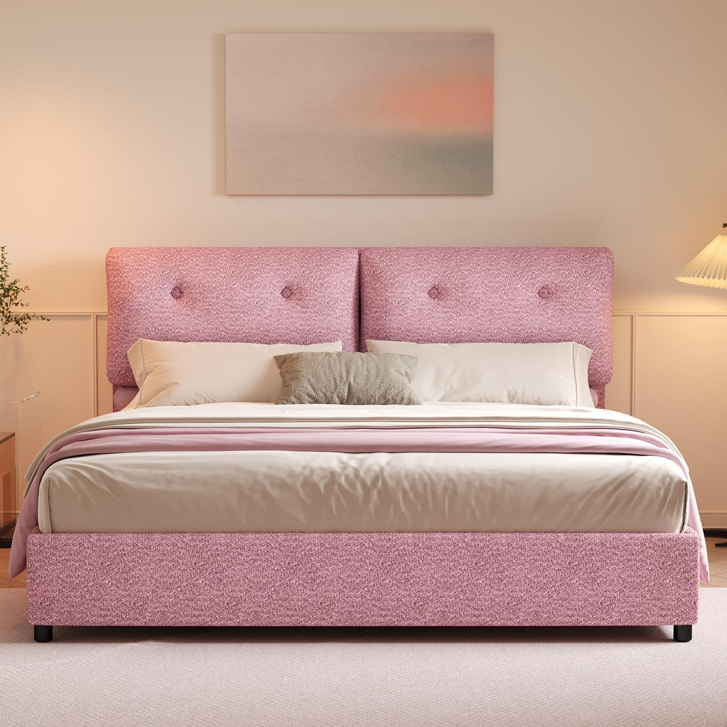 King Size Bed Frame, Boucle Upholstered Bed Frame with Headboard, Removable and Washable, No Box Spring Needed, Wood