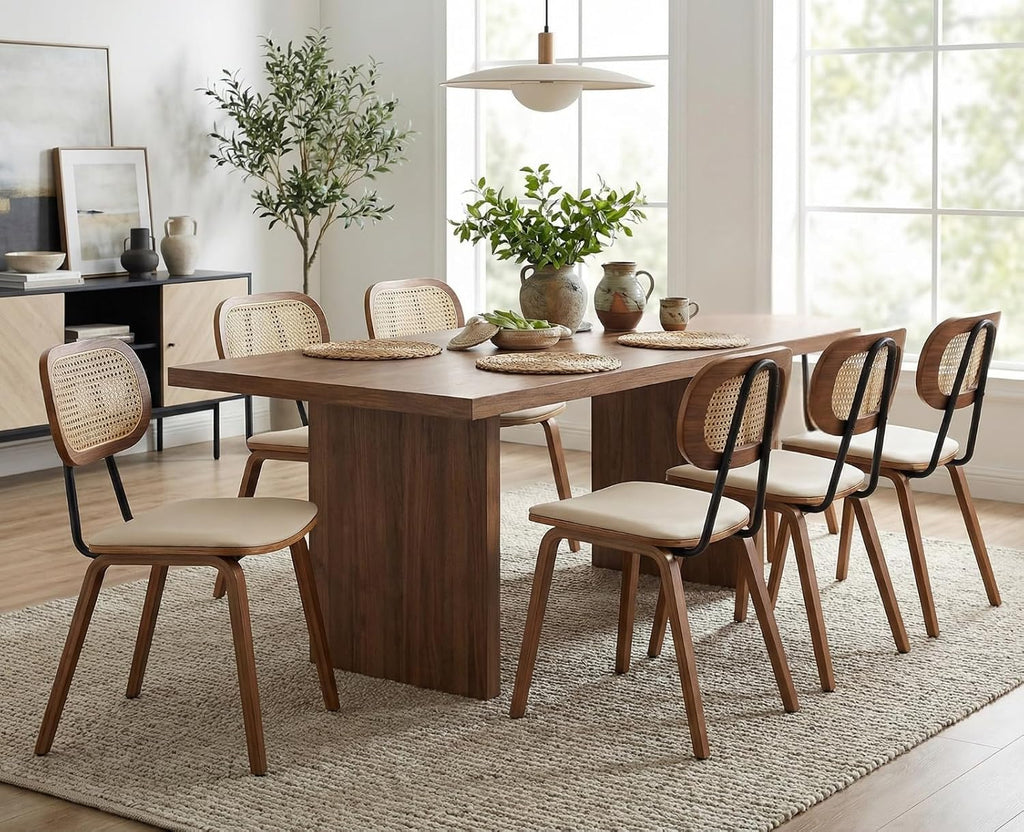 Modern Dining Chairs Set of 4, Upholstered Faux Leather Dining Room Chairs with Rattan Backrest and Wood Legs