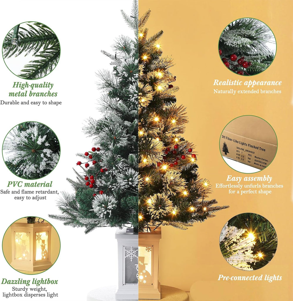 3ft Prelit Snow Flocked Christmas Tree with Light Up White Snowman Box Base