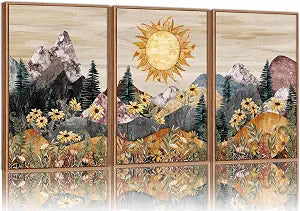 Boho Mountain Framed Canvas Wall Art, Western Daisy Floral Landscape Wall Decor, Rustic Fern Flowers Art Painting